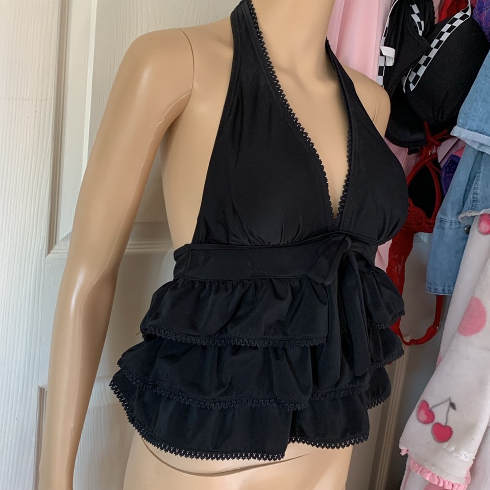 Black ruffle rhumba tankini top halter with bow  m
